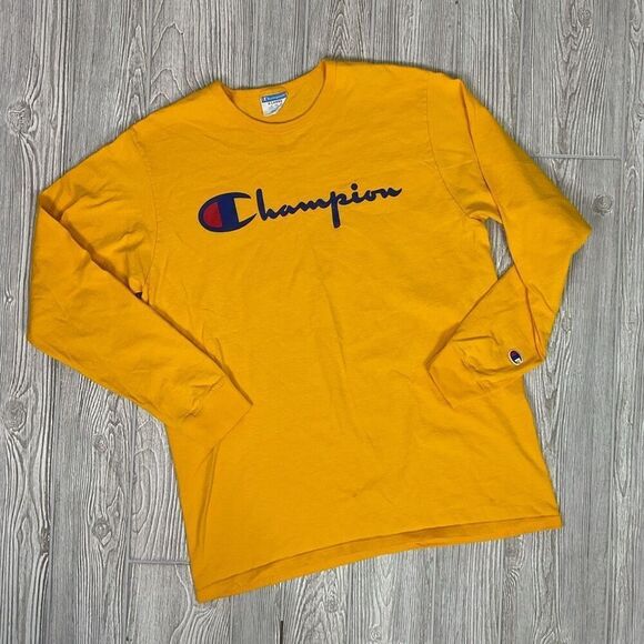 Vintage Champion Men's Size XL Yellow Long Sleeve Classic Logo T-Shirt Crewneck - Picture 2 of 8
